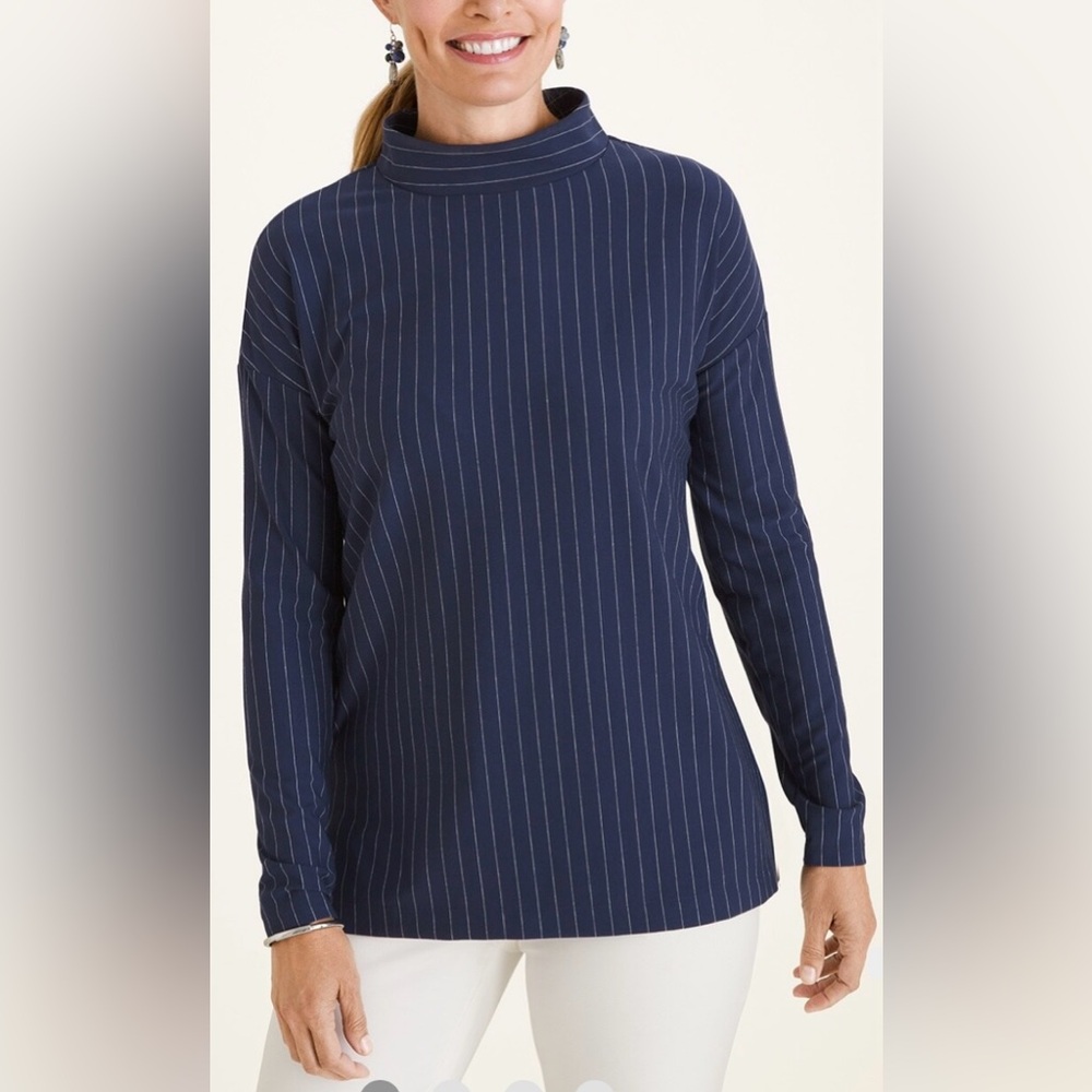Chico’s pinstripe mock turtleneck in blue size large